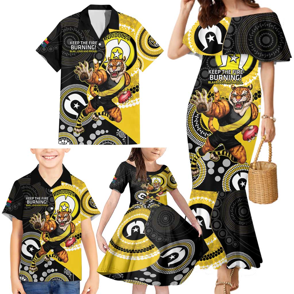 Custom AFL Richmond NAIDOC Week Family Matching Mermaid Dress and Hawaiian Shirt Keep The Fire Burning Indigenous Art