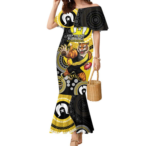 Custom AFL Richmond NAIDOC Week Family Matching Mermaid Dress and Hawaiian Shirt Keep The Fire Burning Indigenous Art