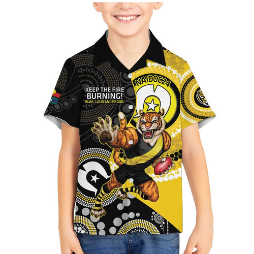 Custom AFL Richmond NAIDOC Week Family Matching Mermaid Dress and Hawaiian Shirt Keep The Fire Burning Indigenous Art