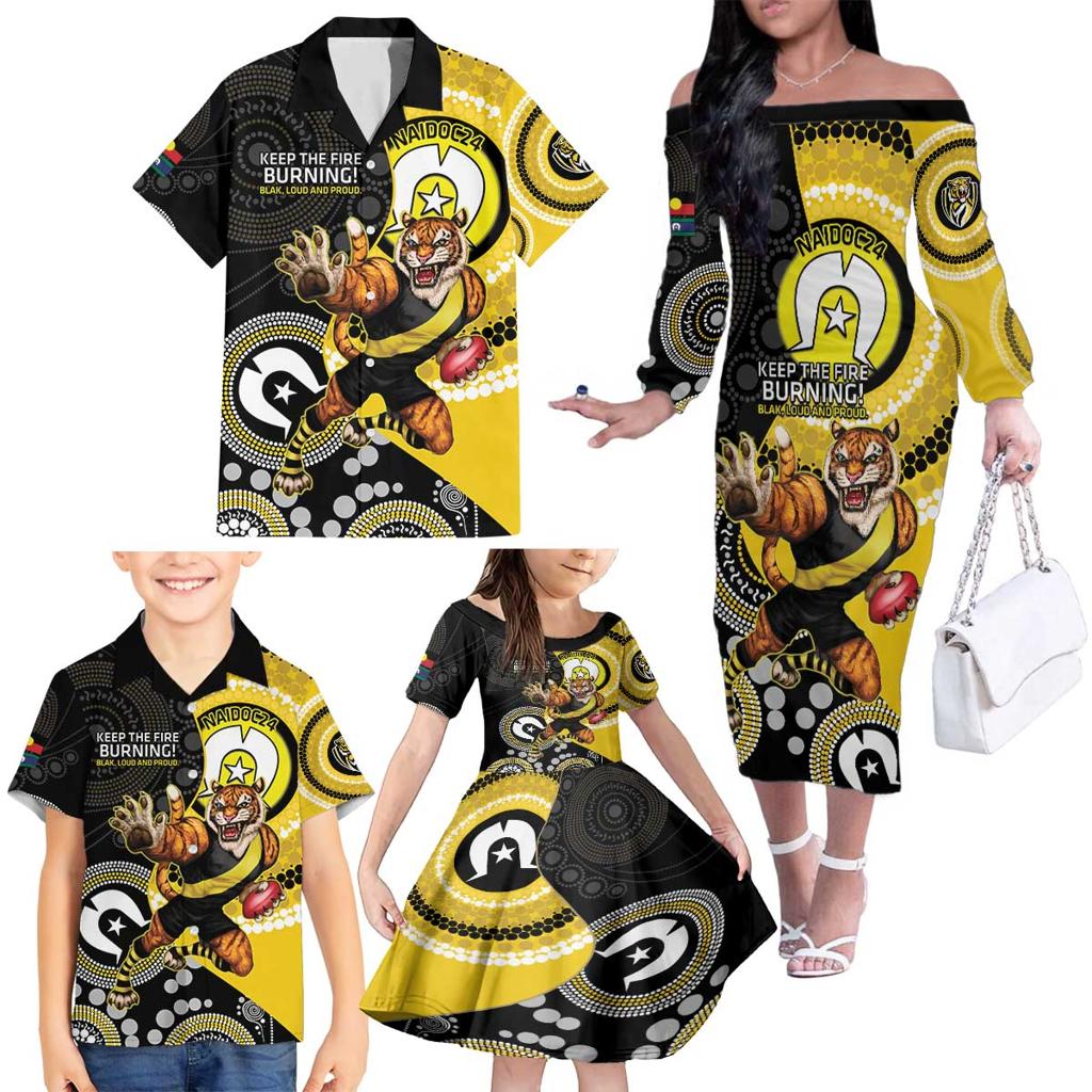 Custom AFL Richmond NAIDOC Week Family Matching Off The Shoulder Long Sleeve Dress and Hawaiian Shirt Keep The Fire Burning Indigenous Art