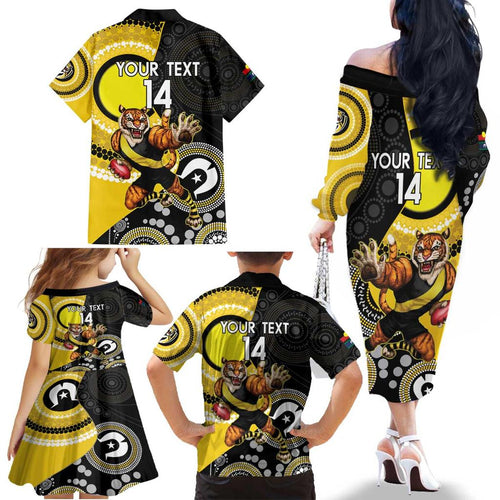 Custom AFL Richmond NAIDOC Week Family Matching Off The Shoulder Long Sleeve Dress and Hawaiian Shirt Keep The Fire Burning Indigenous Art