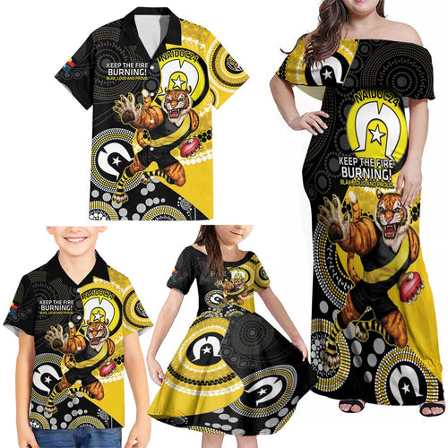 Custom AFL Richmond NAIDOC Week Family Matching Off Shoulder Maxi Dress and Hawaiian Shirt Keep The Fire Burning Indigenous Art