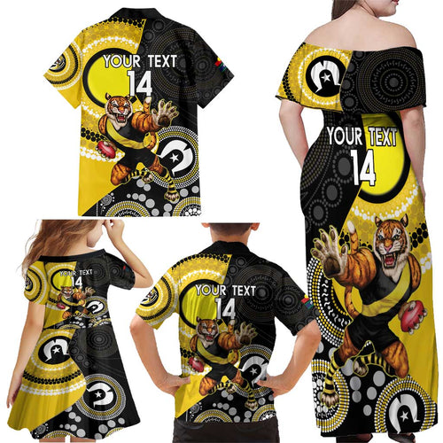 Custom AFL Richmond NAIDOC Week Family Matching Off Shoulder Maxi Dress and Hawaiian Shirt Keep The Fire Burning Indigenous Art