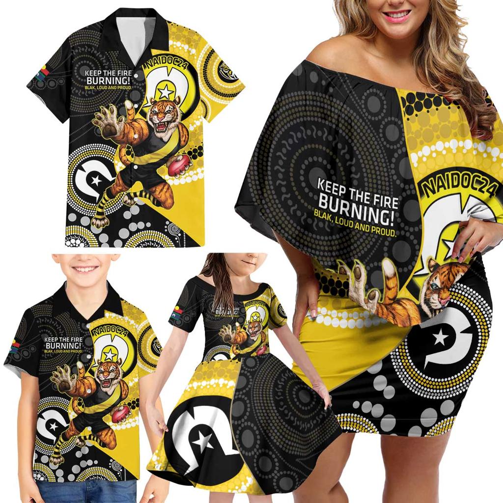 Custom AFL Richmond NAIDOC Week Family Matching Off Shoulder Short Dress and Hawaiian Shirt Keep The Fire Burning Indigenous Art