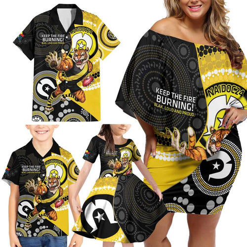 Custom AFL Richmond NAIDOC Week Family Matching Off Shoulder Short Dress and Hawaiian Shirt Keep The Fire Burning Indigenous Art