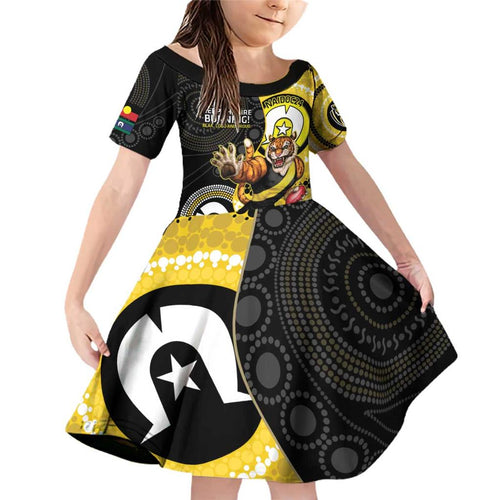 Custom AFL Richmond NAIDOC Week Family Matching Off Shoulder Short Dress and Hawaiian Shirt Keep The Fire Burning Indigenous Art