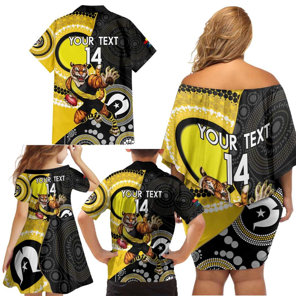 Custom AFL Richmond NAIDOC Week Family Matching Off Shoulder Short Dress and Hawaiian Shirt Keep The Fire Burning Indigenous Art