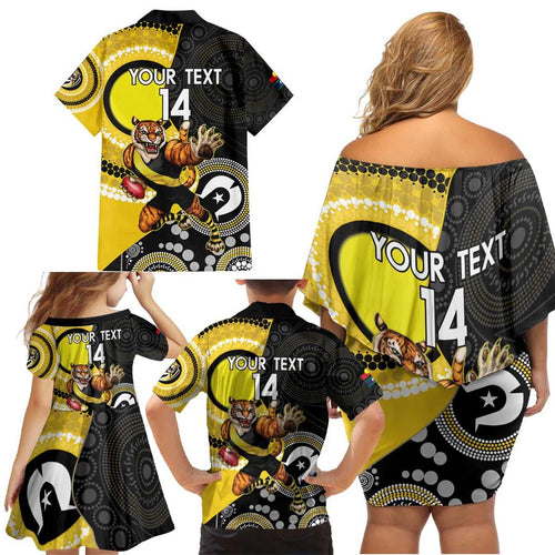 Custom AFL Richmond NAIDOC Week Family Matching Off Shoulder Short Dress and Hawaiian Shirt Keep The Fire Burning Indigenous Art