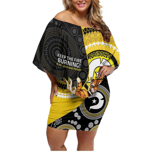 Custom AFL Richmond NAIDOC Week Family Matching Off Shoulder Short Dress and Hawaiian Shirt Keep The Fire Burning Indigenous Art