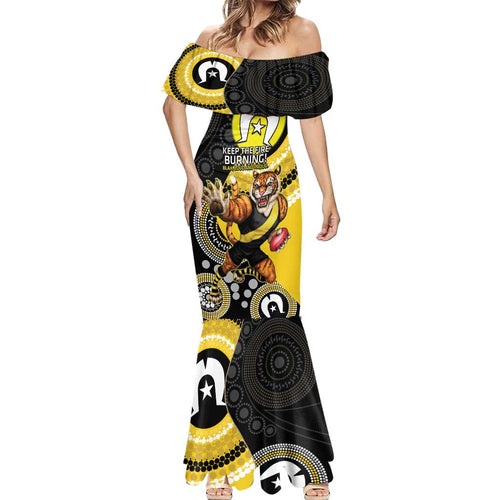 Custom AFL Richmond NAIDOC Week Mermaid Dress Keep The Fire Burning Indigenous Art
