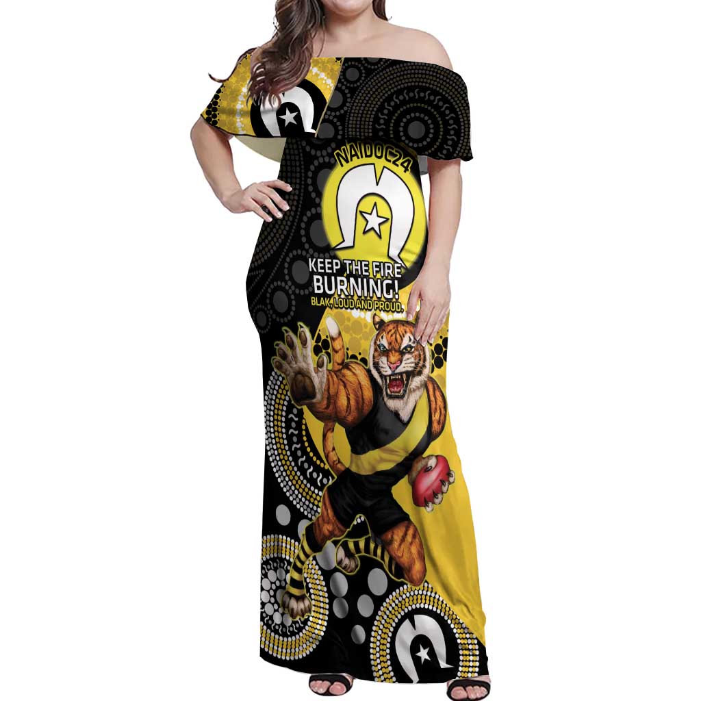 Custom AFL Richmond NAIDOC Week Off Shoulder Maxi Dress Keep The Fire Burning Indigenous Art