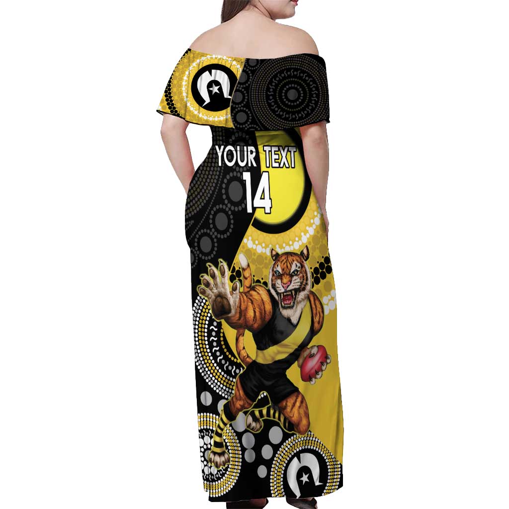 Custom AFL Richmond NAIDOC Week Off Shoulder Maxi Dress Keep The Fire Burning Indigenous Art