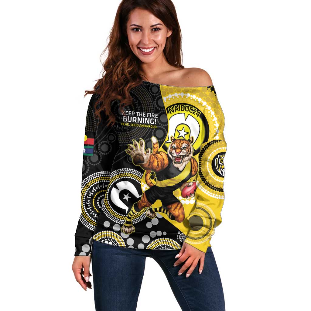 Custom AFL Richmond NAIDOC Week Off Shoulder Sweater Keep The Fire Burning Indigenous Art
