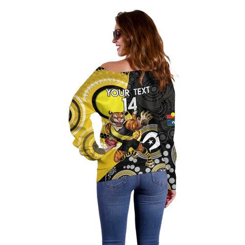 Custom AFL Richmond NAIDOC Week Off Shoulder Sweater Keep The Fire Burning Indigenous Art