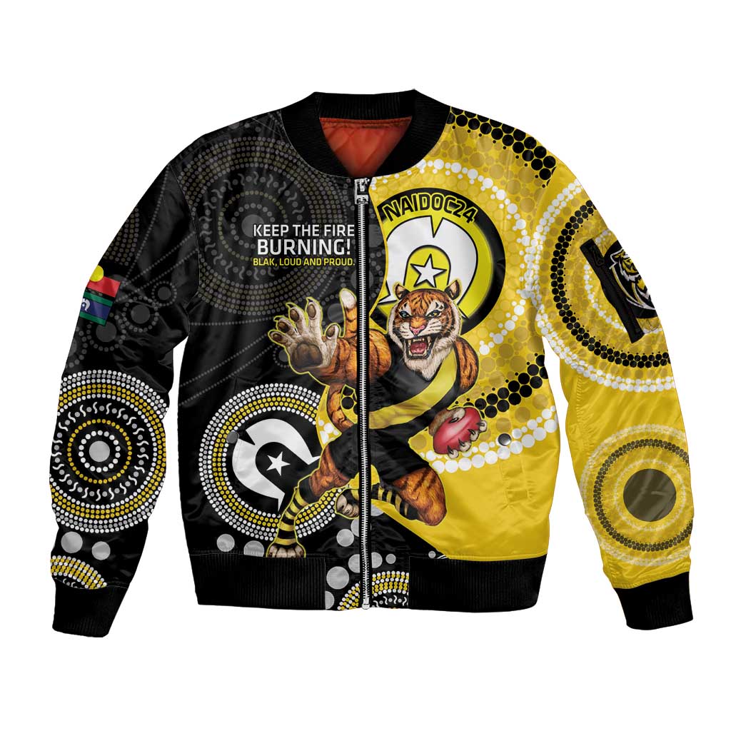 Custom AFL Richmond NAIDOC Week Sleeve Zip Bomber Jacket Keep The Fire Burning Indigenous Art