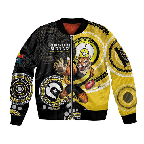Custom AFL Richmond NAIDOC Week Sleeve Zip Bomber Jacket Keep The Fire Burning Indigenous Art