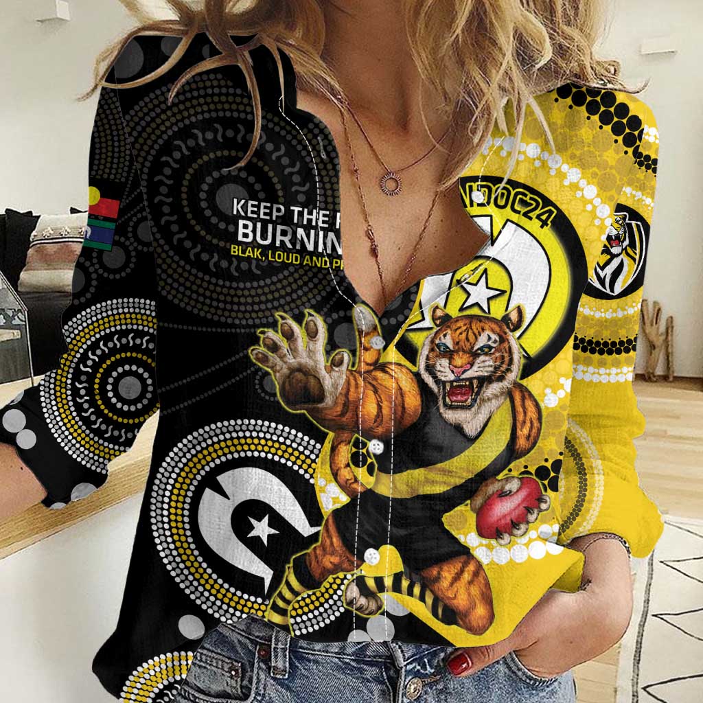 Custom AFL Richmond NAIDOC Week Women Casual Shirt Keep The Fire Burning Indigenous Art