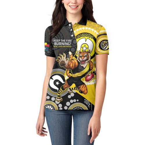 Custom AFL Richmond NAIDOC Week Women Polo Shirt Keep The Fire Burning Indigenous Art