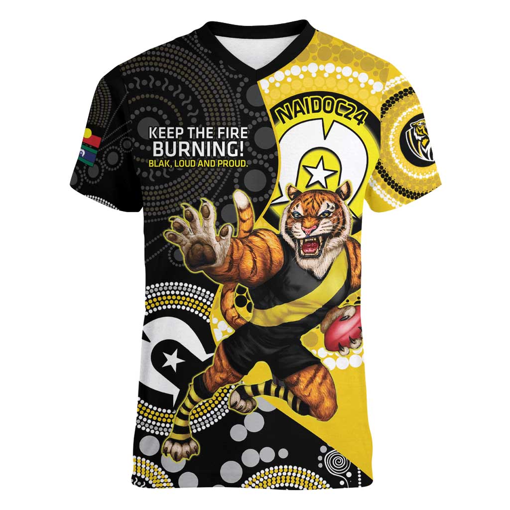 Custom AFL Richmond NAIDOC Week Women V-Neck T-Shirt Keep The Fire Burning Indigenous Art