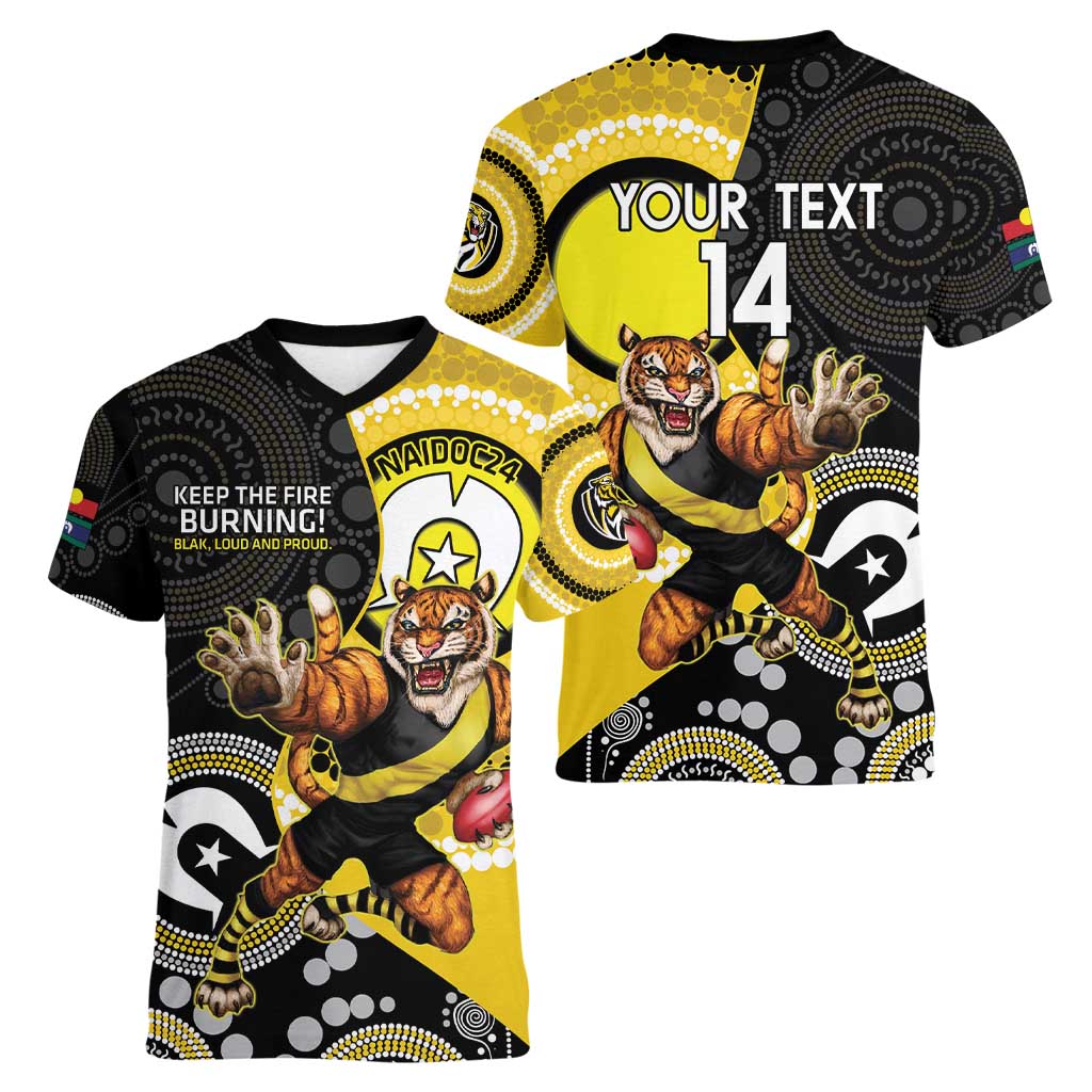 Custom AFL Richmond NAIDOC Week Women V-Neck T-Shirt Keep The Fire Burning Indigenous Art