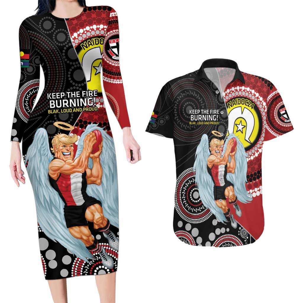 Custom AFL St Kilda NAIDOC Week Couples Matching Long Sleeve Bodycon Dress and Hawaiian Shirt Keep The Fire Burning Indigenous Art