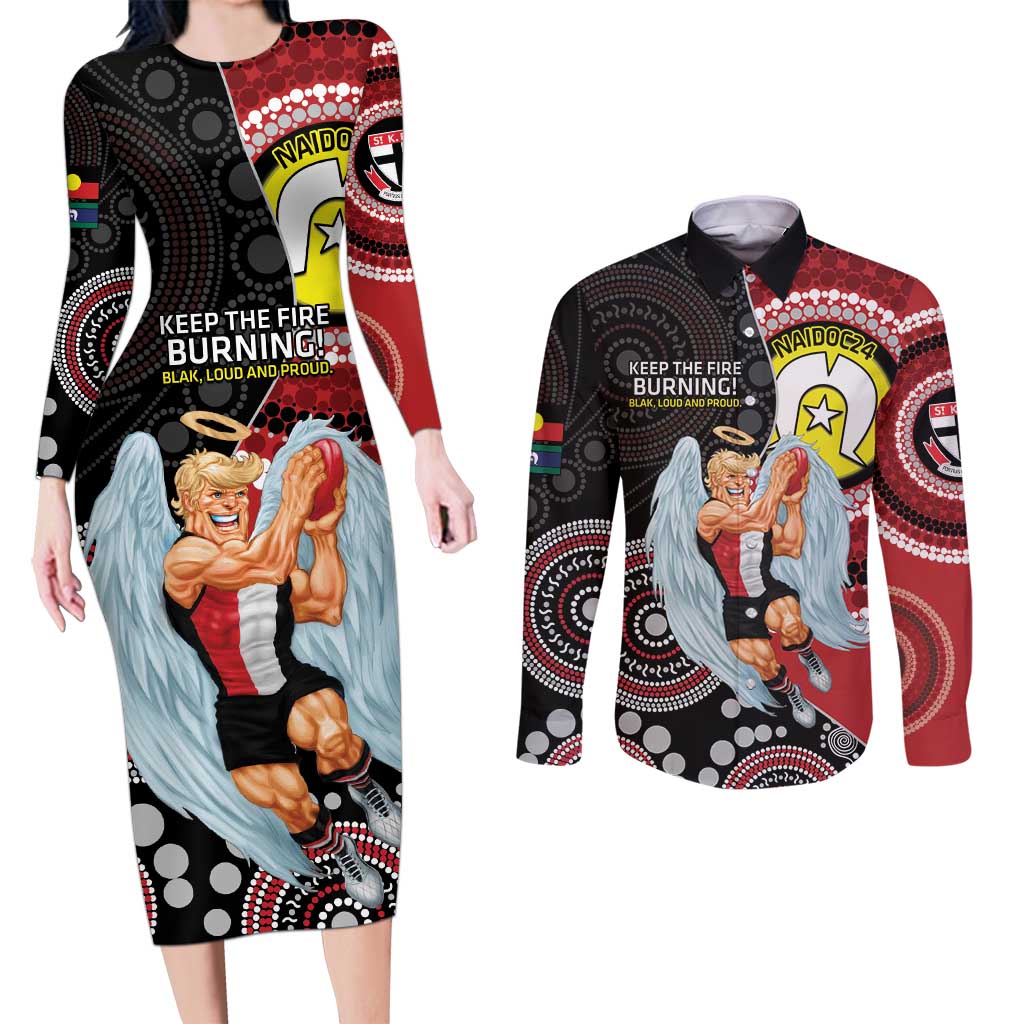 Custom AFL St Kilda NAIDOC Week Couples Matching Long Sleeve Bodycon Dress and Long Sleeve Button Shirt Keep The Fire Burning Indigenous Art