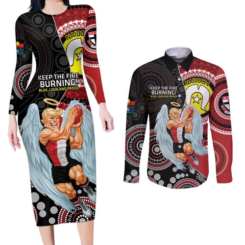Custom AFL St Kilda NAIDOC Week Couples Matching Long Sleeve Bodycon Dress and Long Sleeve Button Shirt Keep The Fire Burning Indigenous Art