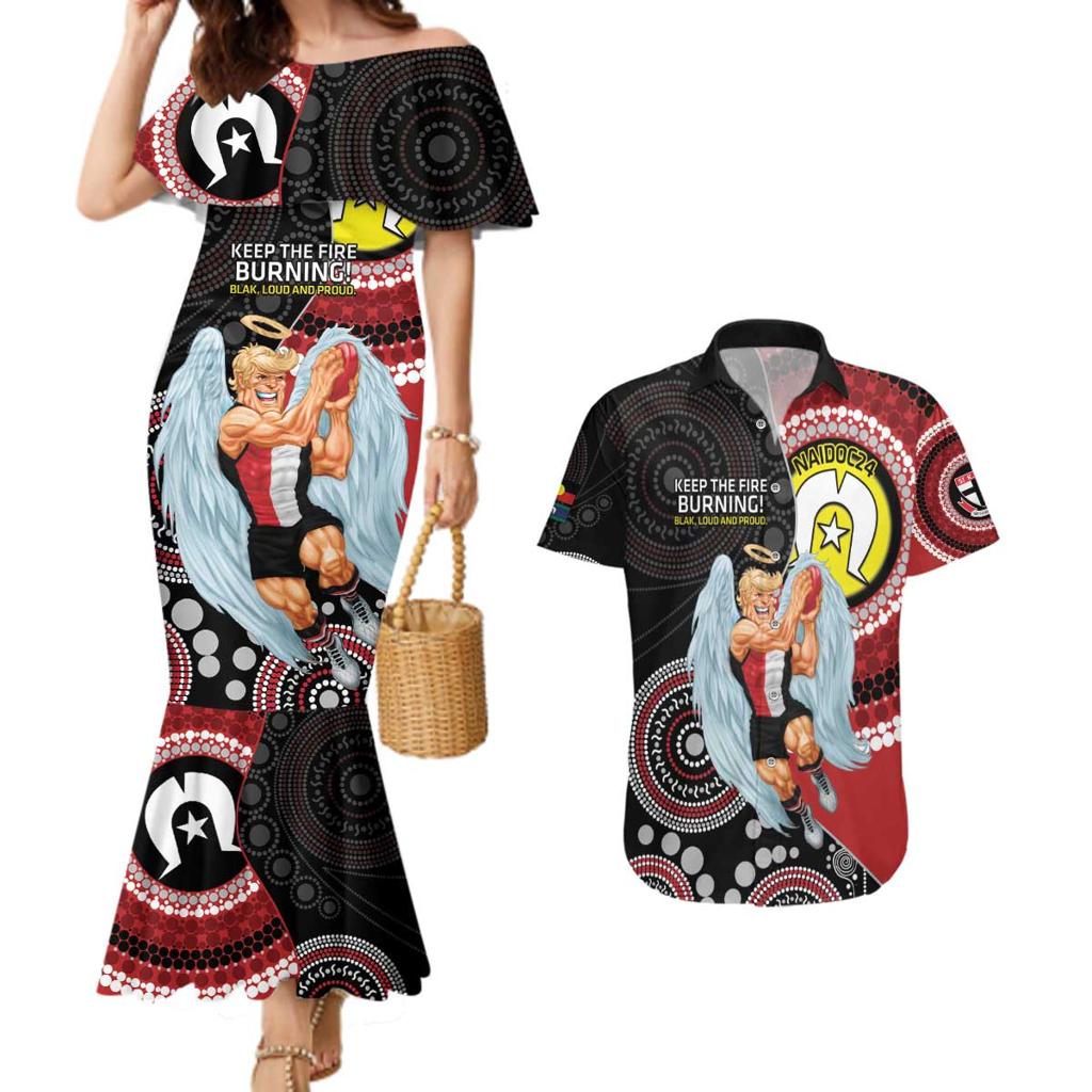 Custom AFL St Kilda NAIDOC Week Couples Matching Mermaid Dress and Hawaiian Shirt Keep The Fire Burning Indigenous Art