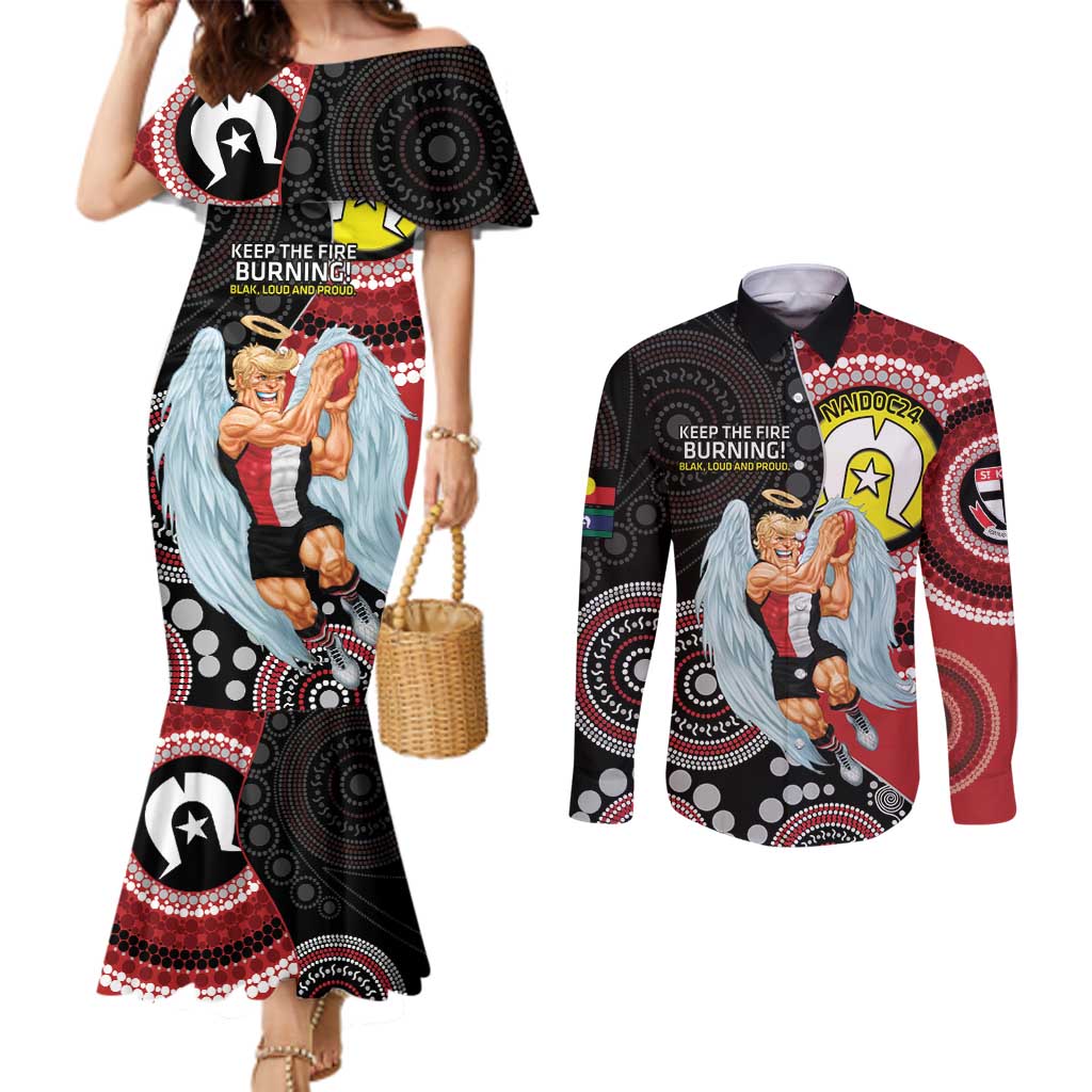 Custom AFL St Kilda NAIDOC Week Couples Matching Mermaid Dress and Long Sleeve Button Shirt Keep The Fire Burning Indigenous Art