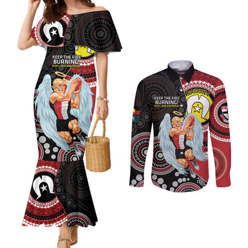 Custom AFL St Kilda NAIDOC Week Couples Matching Mermaid Dress and Long Sleeve Button Shirt Keep The Fire Burning Indigenous Art