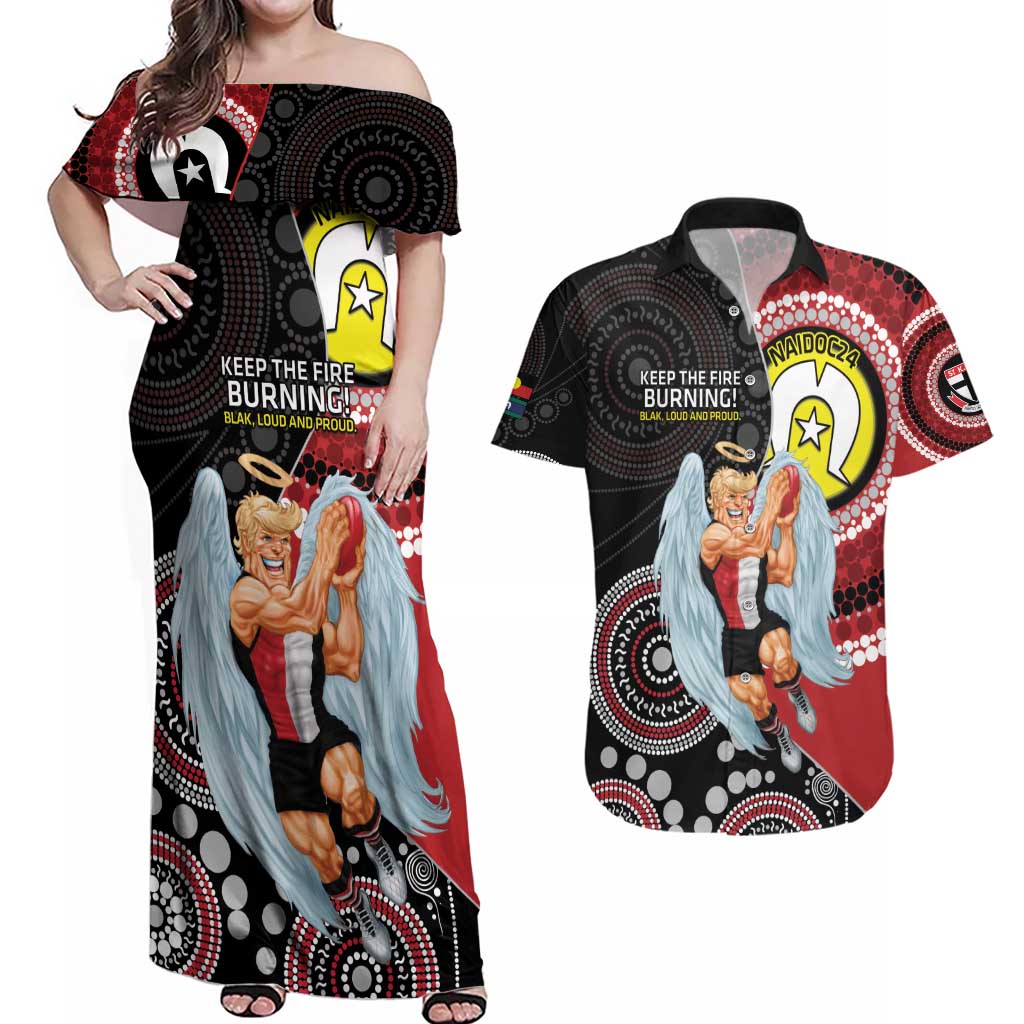 Custom AFL St Kilda NAIDOC Week Couples Matching Off Shoulder Maxi Dress and Hawaiian Shirt Keep The Fire Burning Indigenous Art