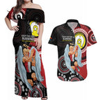 Custom AFL St Kilda NAIDOC Week Couples Matching Off Shoulder Maxi Dress and Hawaiian Shirt Keep The Fire Burning Indigenous Art