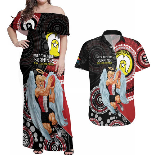 Custom AFL St Kilda NAIDOC Week Couples Matching Off Shoulder Maxi Dress and Hawaiian Shirt Keep The Fire Burning Indigenous Art