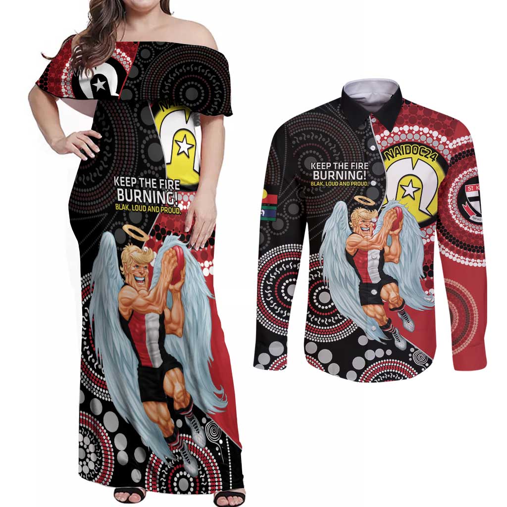 Custom AFL St Kilda NAIDOC Week Couples Matching Off Shoulder Maxi Dress and Long Sleeve Button Shirt Keep The Fire Burning Indigenous Art