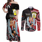 Custom AFL St Kilda NAIDOC Week Couples Matching Off Shoulder Maxi Dress and Long Sleeve Button Shirt Keep The Fire Burning Indigenous Art