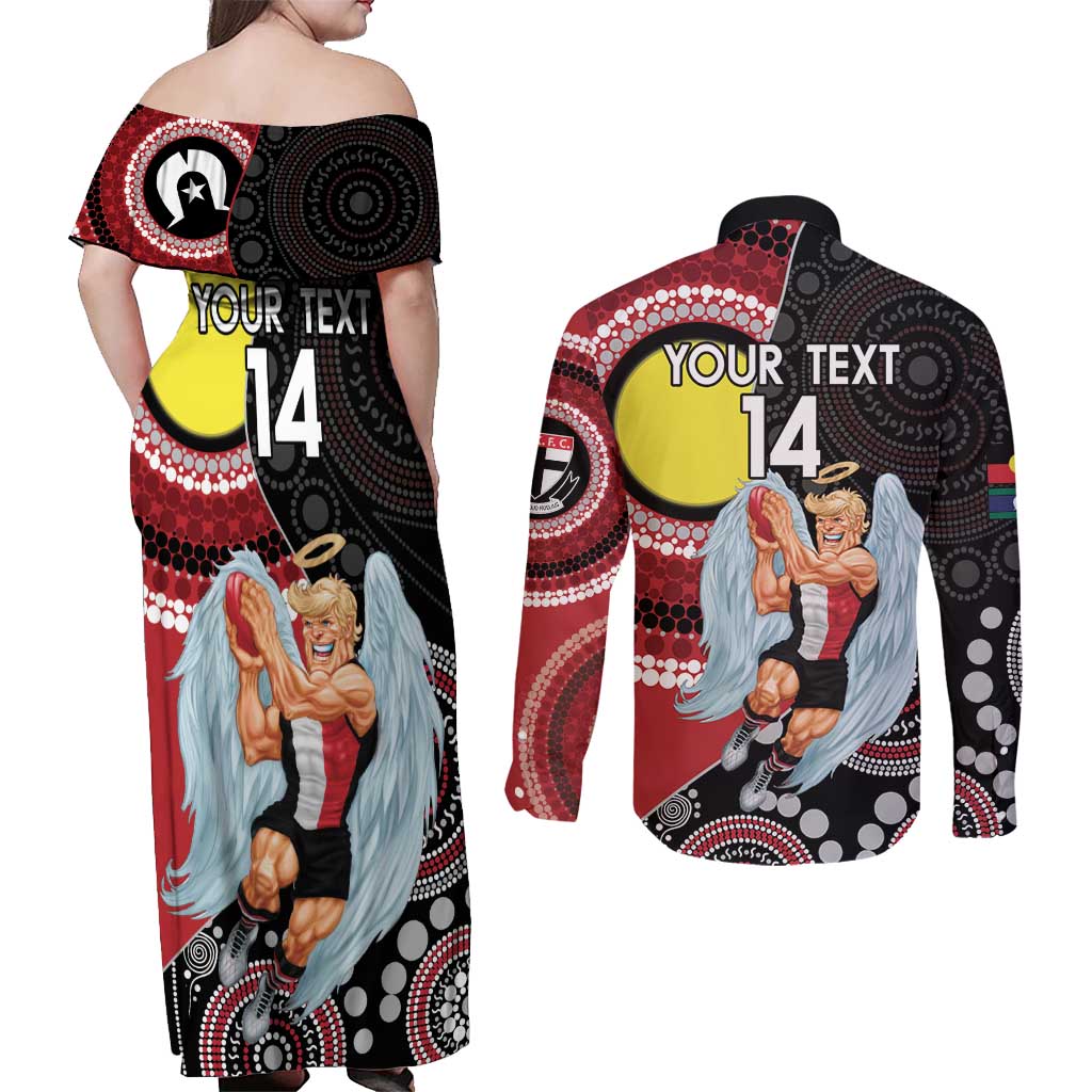 Custom AFL St Kilda NAIDOC Week Couples Matching Off Shoulder Maxi Dress and Long Sleeve Button Shirt Keep The Fire Burning Indigenous Art