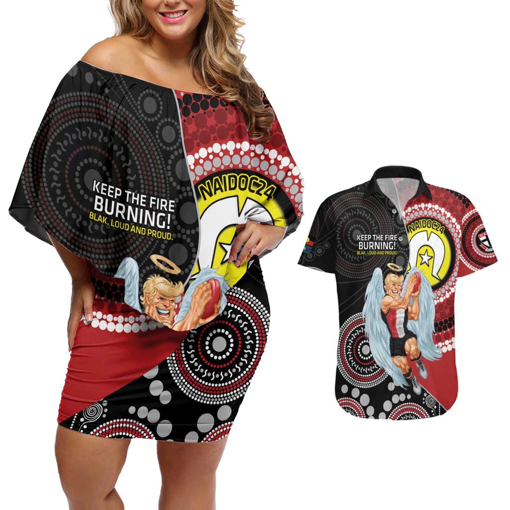 Custom AFL St Kilda NAIDOC Week Couples Matching Off Shoulder Short Dress and Hawaiian Shirt Keep The Fire Burning Indigenous Art