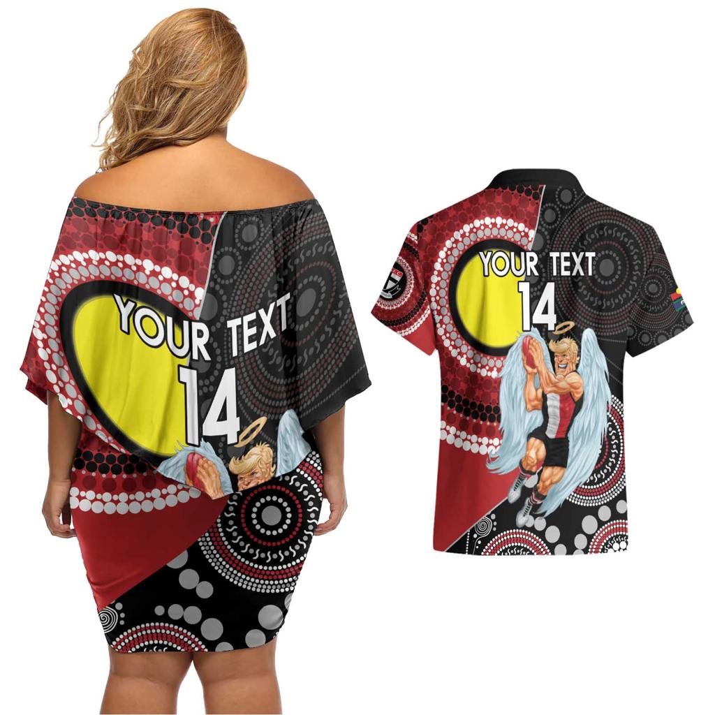 Custom AFL St Kilda NAIDOC Week Couples Matching Off Shoulder Short Dress and Hawaiian Shirt Keep The Fire Burning Indigenous Art
