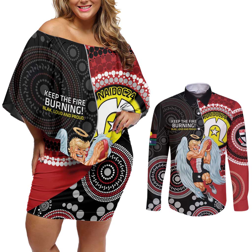Custom AFL St Kilda NAIDOC Week Couples Matching Off Shoulder Short Dress and Long Sleeve Button Shirt Keep The Fire Burning Indigenous Art