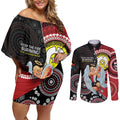 Custom AFL St Kilda NAIDOC Week Couples Matching Off Shoulder Short Dress and Long Sleeve Button Shirt Keep The Fire Burning Indigenous Art