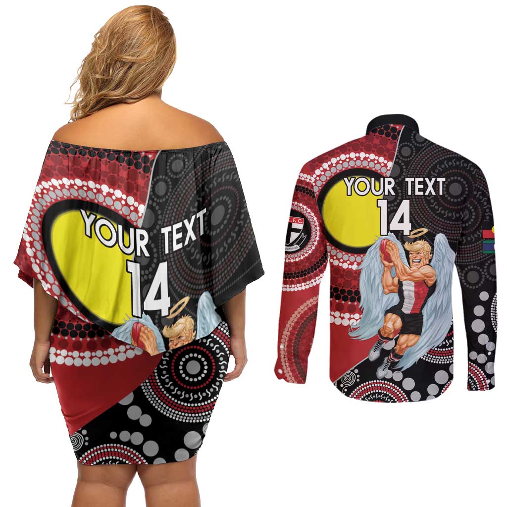 Custom AFL St Kilda NAIDOC Week Couples Matching Off Shoulder Short Dress and Long Sleeve Button Shirt Keep The Fire Burning Indigenous Art