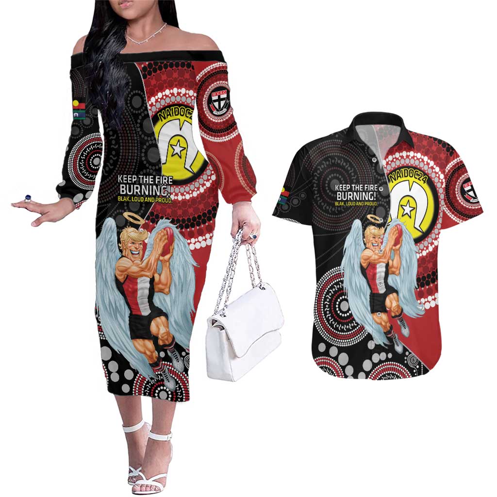 Custom AFL St Kilda NAIDOC Week Couples Matching Off The Shoulder Long Sleeve Dress and Hawaiian Shirt Keep The Fire Burning Indigenous Art