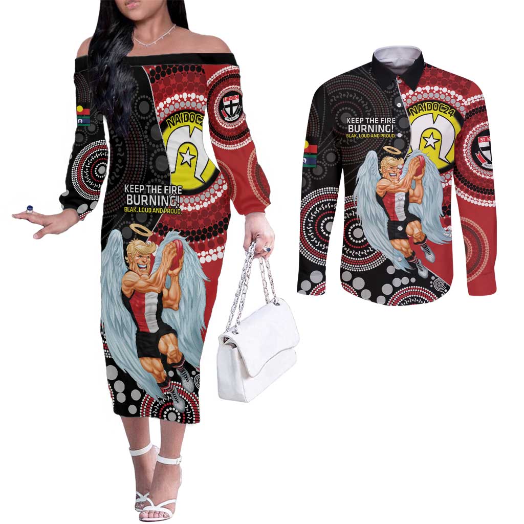 Custom AFL St Kilda NAIDOC Week Couples Matching Off The Shoulder Long Sleeve Dress and Long Sleeve Button Shirt Keep The Fire Burning Indigenous Art