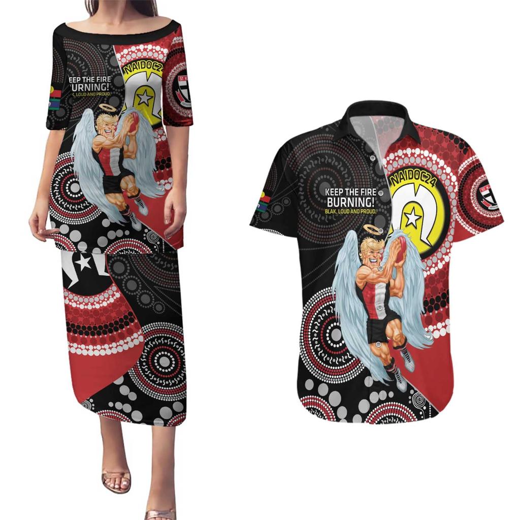 Custom AFL St Kilda NAIDOC Week Couples Matching Puletasi and Hawaiian Shirt Keep The Fire Burning Indigenous Art