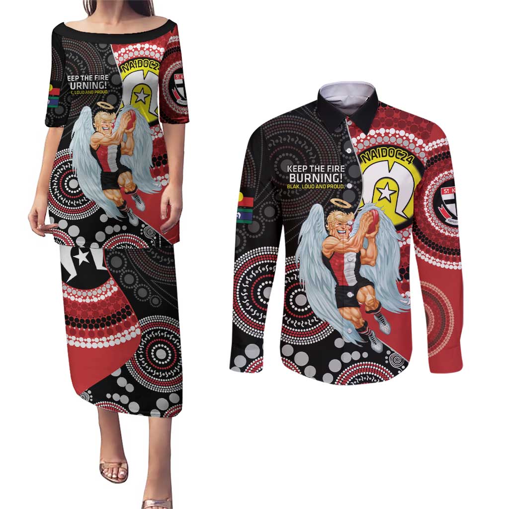 Custom AFL St Kilda NAIDOC Week Couples Matching Puletasi and Long Sleeve Button Shirt Keep The Fire Burning Indigenous Art