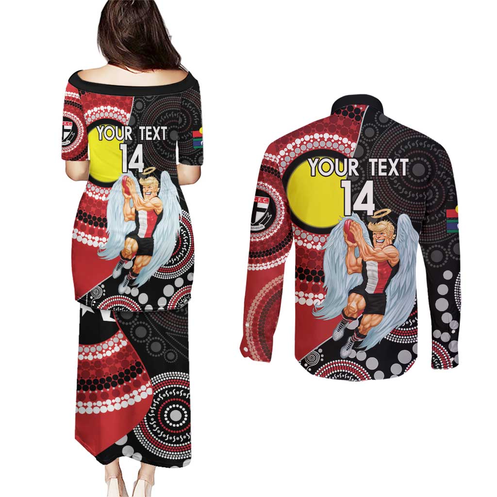 Custom AFL St Kilda NAIDOC Week Couples Matching Puletasi and Long Sleeve Button Shirt Keep The Fire Burning Indigenous Art