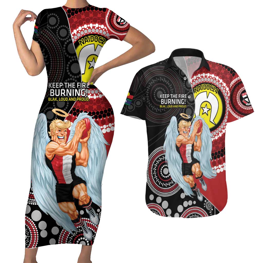 Custom AFL St Kilda NAIDOC Week Couples Matching Short Sleeve Bodycon Dress and Hawaiian Shirt Keep The Fire Burning Indigenous Art