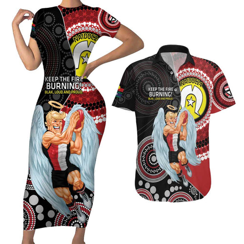 Custom AFL St Kilda NAIDOC Week Couples Matching Short Sleeve Bodycon Dress and Hawaiian Shirt Keep The Fire Burning Indigenous Art