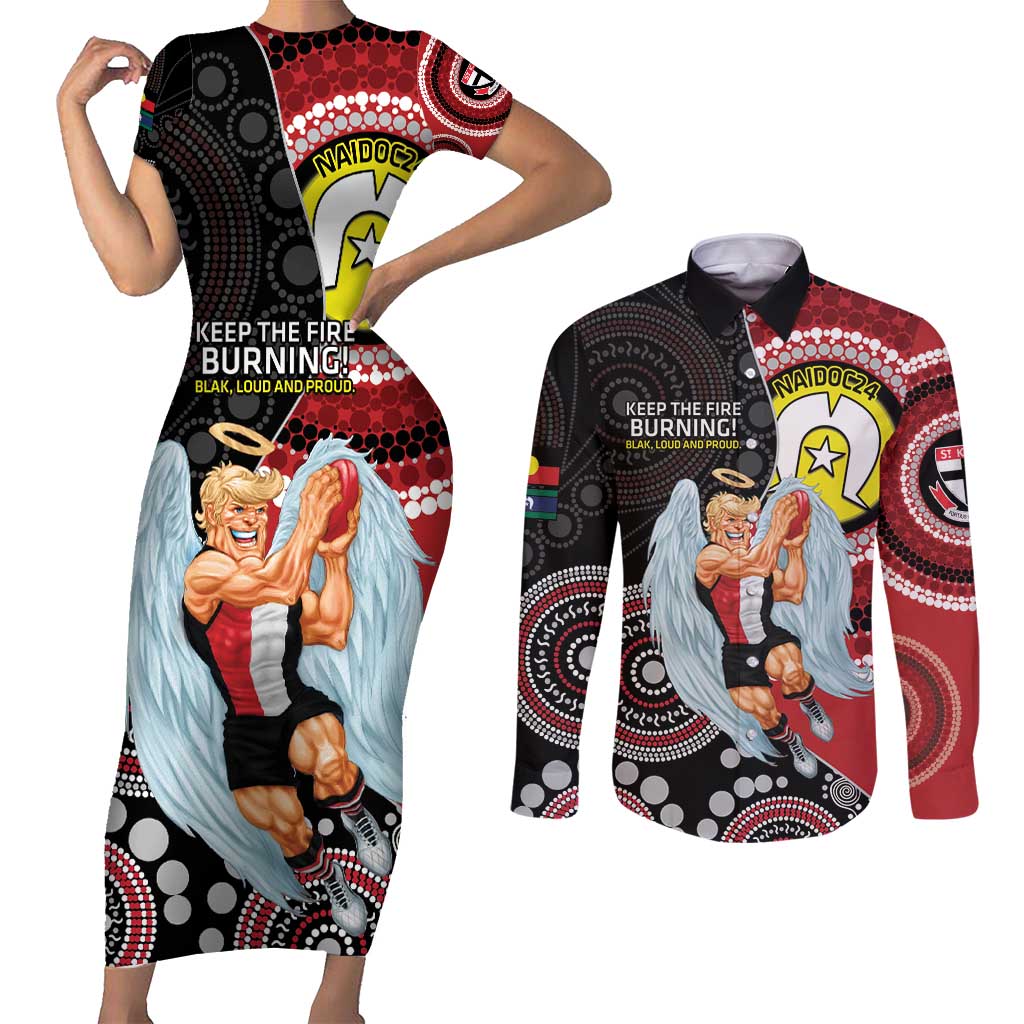Custom AFL St Kilda NAIDOC Week Couples Matching Short Sleeve Bodycon Dress and Long Sleeve Button Shirt Keep The Fire Burning Indigenous Art
