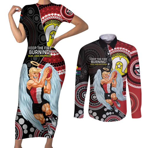 Custom AFL St Kilda NAIDOC Week Couples Matching Short Sleeve Bodycon Dress and Long Sleeve Button Shirt Keep The Fire Burning Indigenous Art